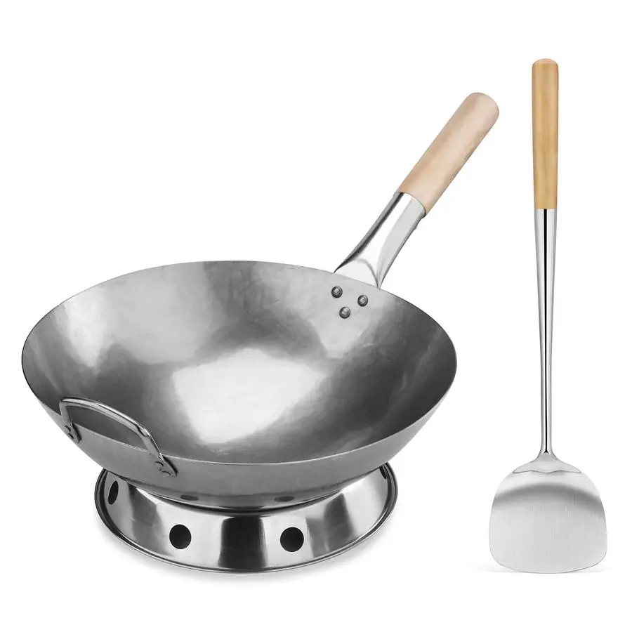 

Carbon Steel Wok Set 14 Round Bottom, Hand Hammered With Wood and Steel Helper Handle, Includes Rack Ring and Spatula Hand Wash