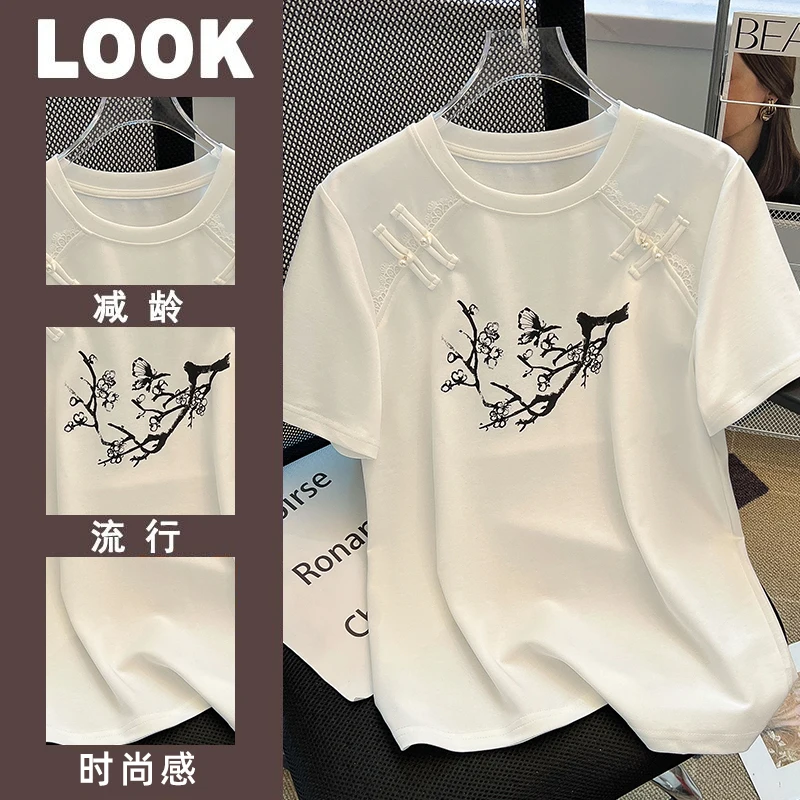 Chinese Style Flower printing Crop Tops Women T-shirt Loose  Short Sleeve Basic Summer Clothes Tops Woman O-neck Cotton Tees