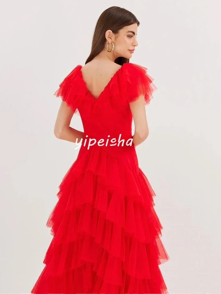 Customized Chinese Style Tulle Tiered Ruched A-line V-neck Midi Dresses Homecoming Dresses Formal Casual Simple Retro Fashion Ex