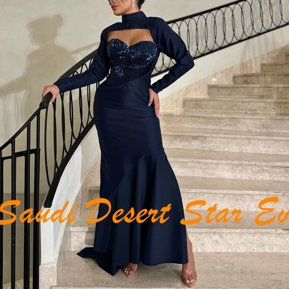 Temperament Side Slit Pleats Sequined Crystal Buttons Evening Dresses Graceful Mermaid Sweetheart Satin Party Gowns فساتين سهرة