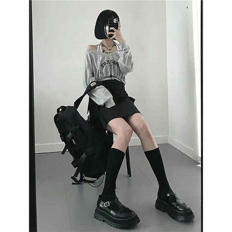 MEXZT Streetwear Crop Sweatshirts Women Harajuku Halter Camis Letter Print V Neck Pullover Y2K Two Piece Set Korean Hoodies Tops