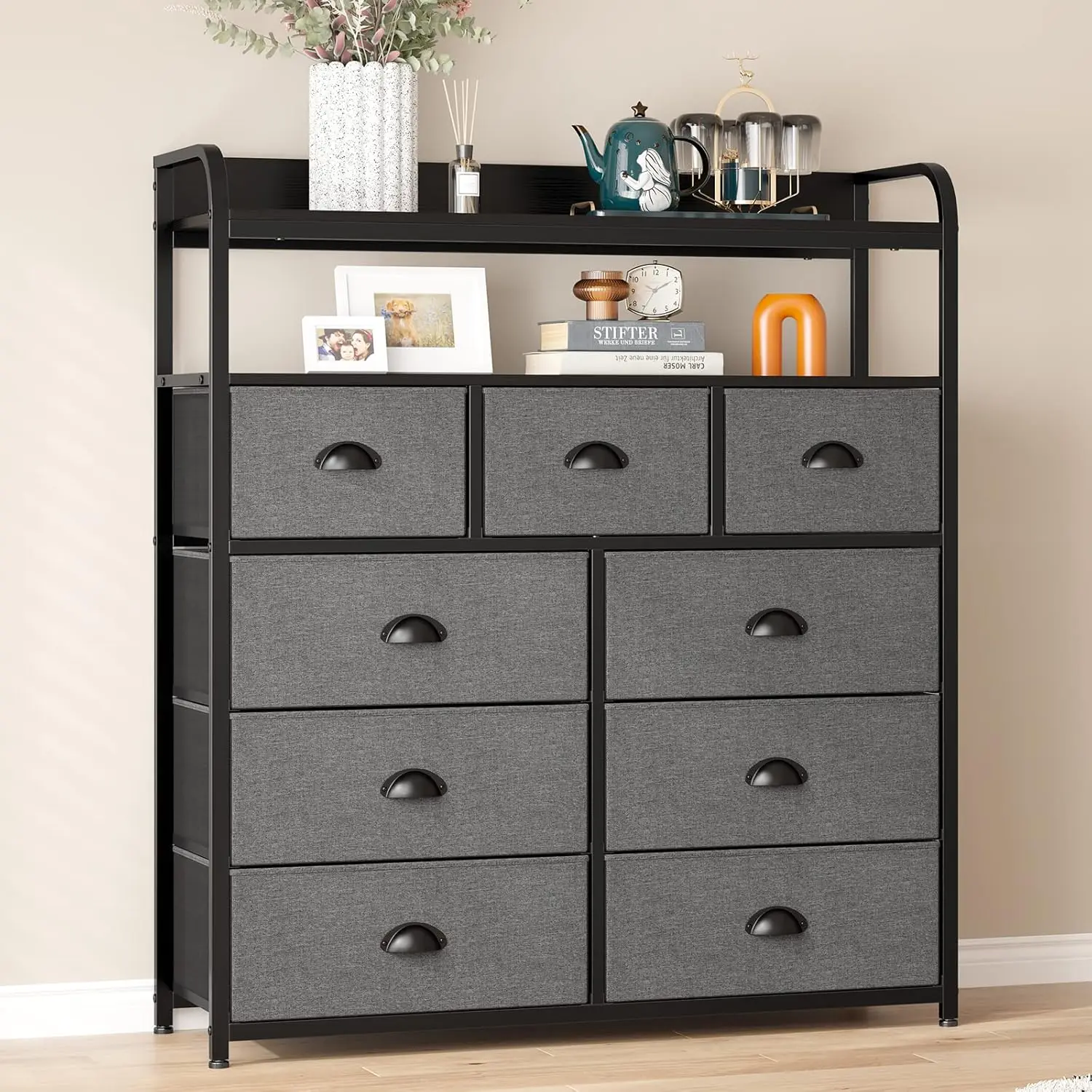 Enhomee Dresser for Bedroom, Chest of Drawers for Bedroom, 9 Drawer Fabric dresser,Tall Dresser for Closet, Black Dresser