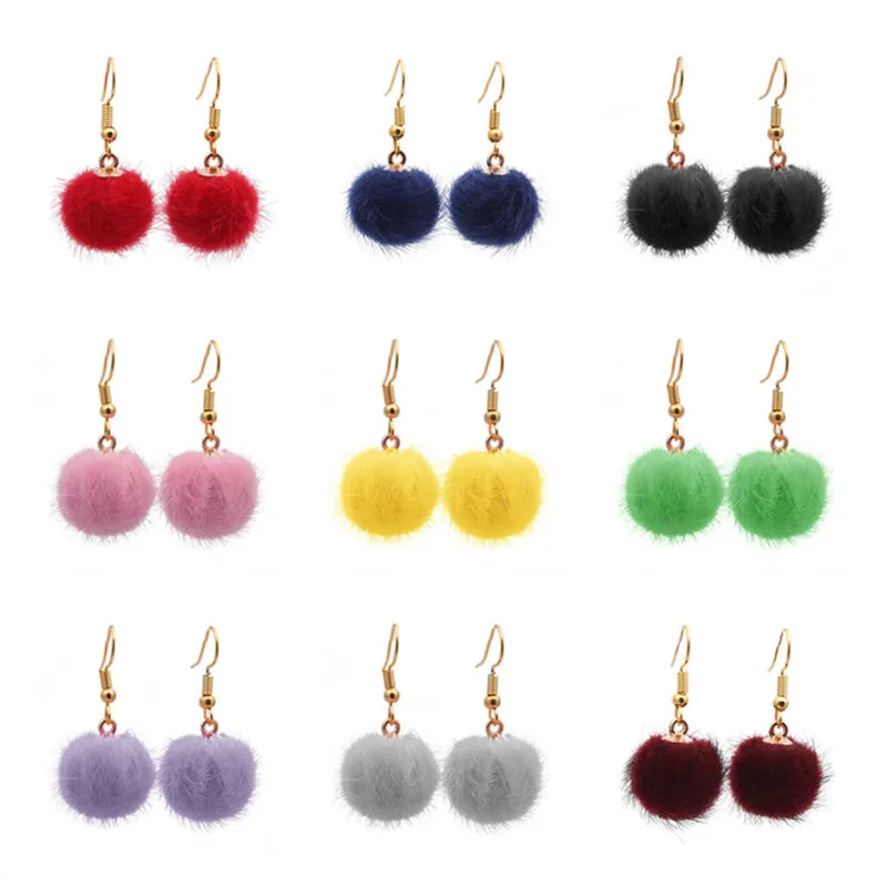 Korean Fashion Colored 1cm Faux Mink Fur Ball Versatile Internet Celebrity Hook Earrings Women Casual Jewelry Girl Party Gift