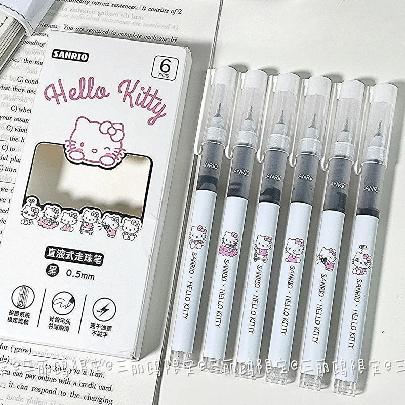 

6pcs Sanrio Straight Liquid Quick-drying Pen HelloKitty Cinnamoroll Cartoon Ins Cute Style 0.5 Black Ink Pen Kawaii Student Gift