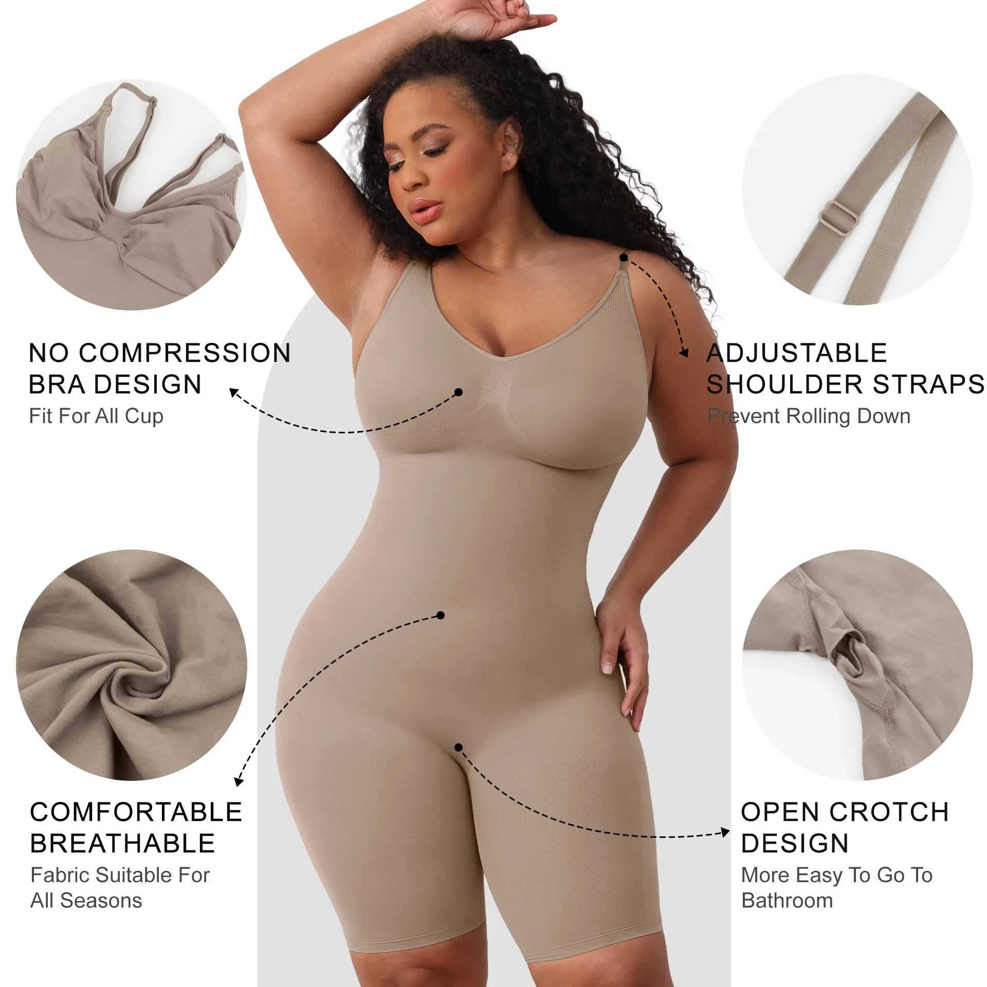 Women Seamless Full Body Shaper V Neck Spaghetti Strap Tummy Control Mid Thigh Shapewear Bodysuit