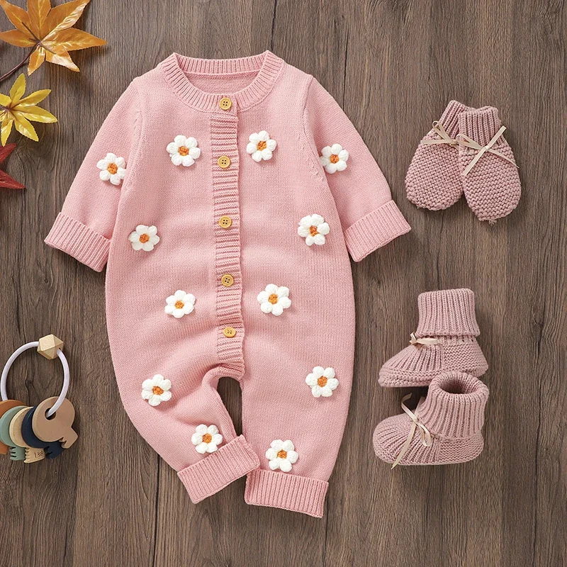 3D Floral Cute Newborn Knitted Clothes Baby Girls Sweater Romper Long Sleeve Crew Neck Button Closure Flower Fall Kids Jumpsuit