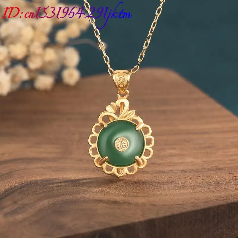 Natural Jade Donut Pendant Necklace Carved Gemstone Designer Fashion Accessories Gifts for Women Real Jewelry 18K Gold Plated