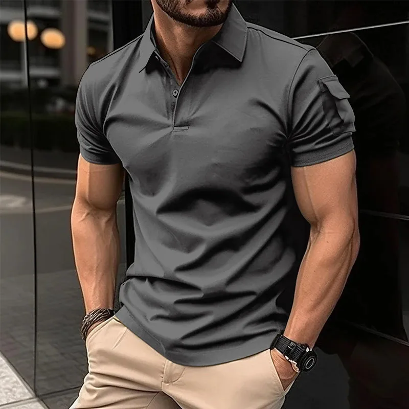 2024 Summer New Men's Fashion Solid Color Button-Down Polo Shirt Short Sleeve Lapel Sports Polo Shirt Street Fashion Arm Pocket