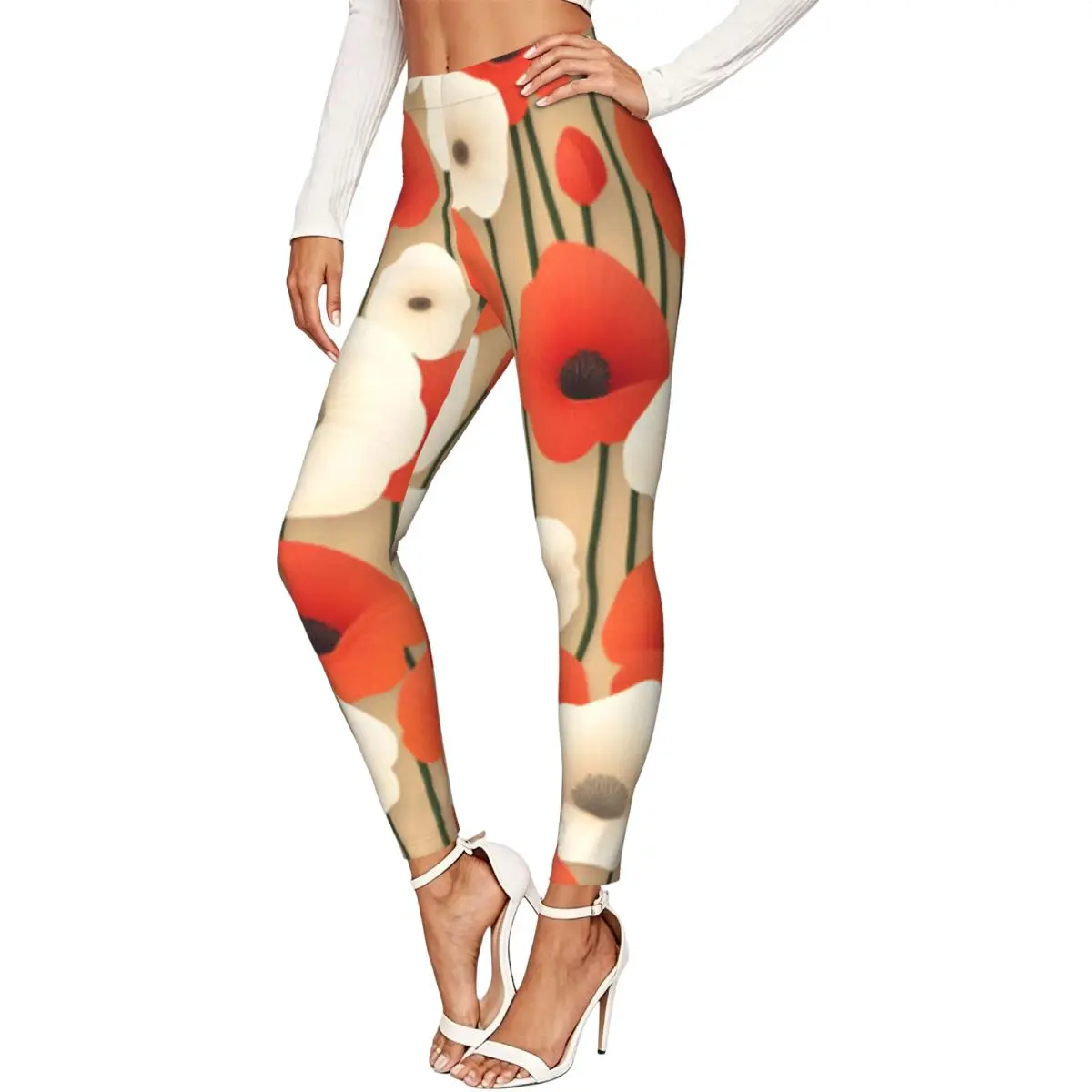 Poppies In Retro Style Women Leggings High Waisted Stretch Tights Workout Running Pants