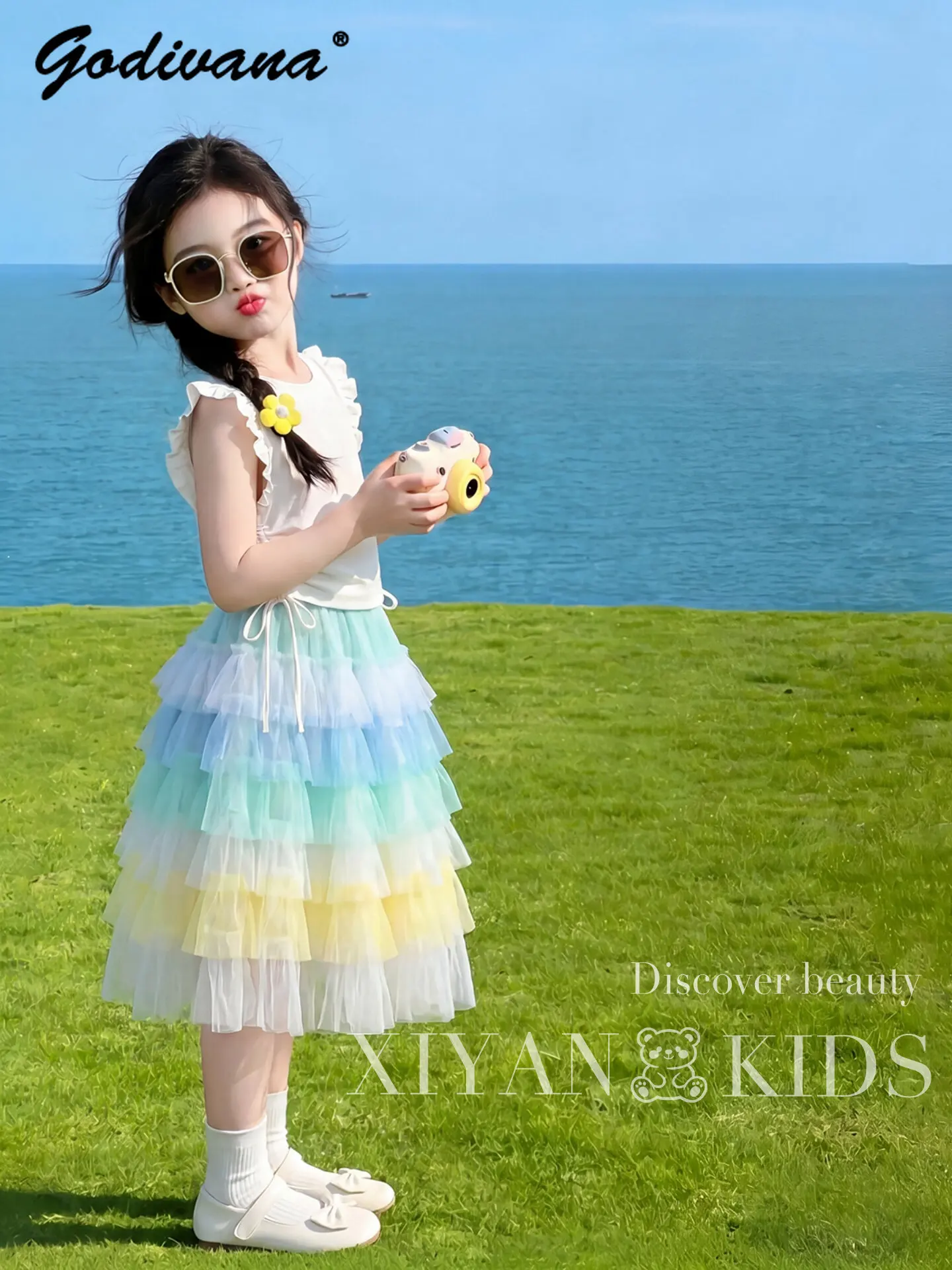 Sweet Girls 2026 New Summer Outfit Set Kids Fashion White Feifei Sleeve Knit Shirt and Rainbow Gradient Dopamine Cake Skirt