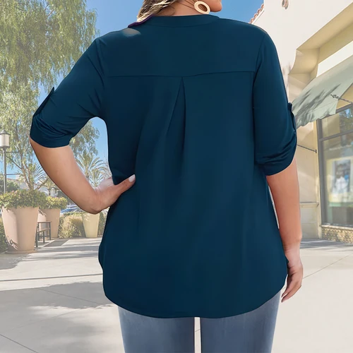 Imagen 2 del producto 2025 nueva blusa informal de verano de talla grande con cuello en V y botones en la parte delantera para mujer, elegante, holgada, de manga corta, lavable a máquina, sólida