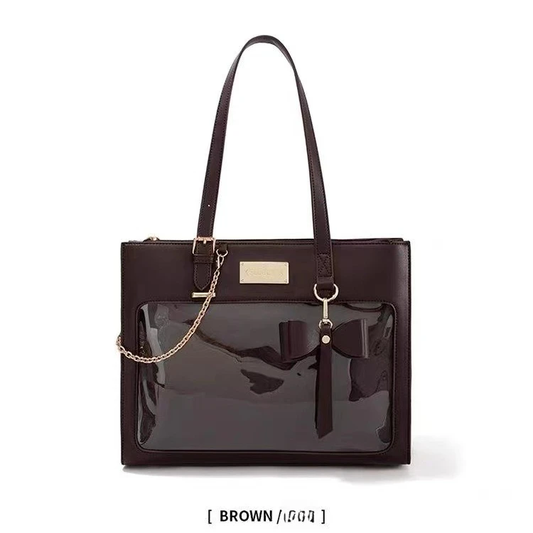 

New Japanese Style PU Ita Bag with Bow, Large Capacity Transparent Shoulder Tote Sweet Girl's Versatile Handbag