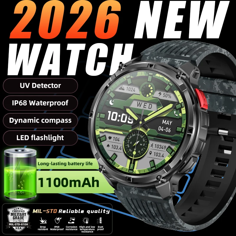 

Мужские смарт-часы FOXBOX 2026: Новинка с аккумулятором 1100 мАч, военный стандарт, IPS-экран 1,7 дюйма, водонепроницаемость IP68, компас, LED-фонарик, для активного отдыха