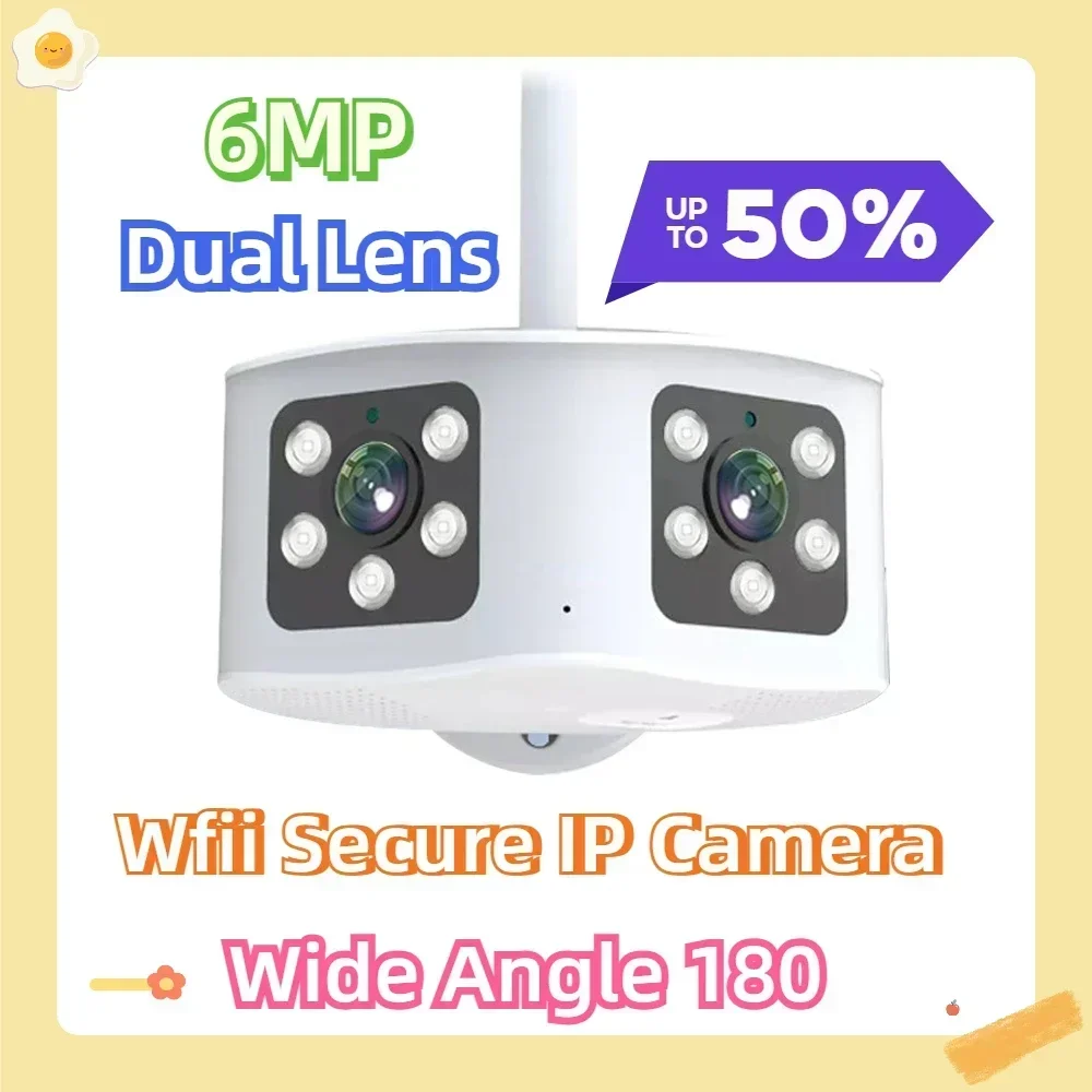 Wfii Secure IP Camera Bidirectional Call Color Night Vision 6MP CCTV Wireless Outdoor Camera Dual Lens Wide Angle 180