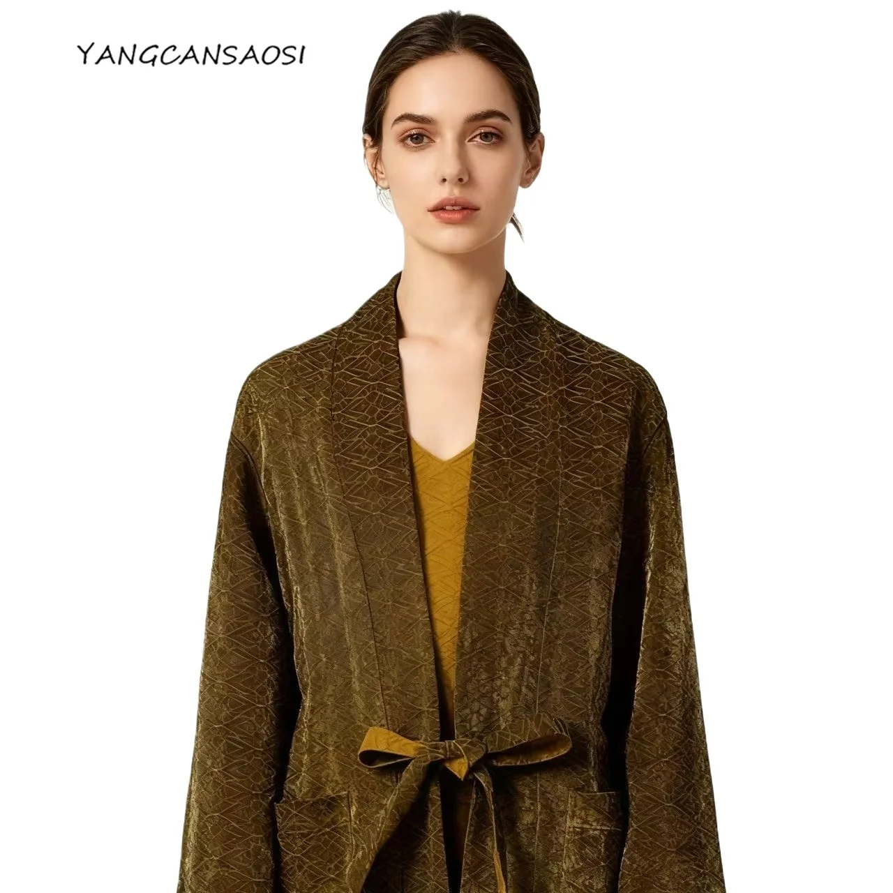 

Women's Yellow Geometric Print New 100% Natural Mulberry Silk Gambiered Guangdong Gauze Lace Up Fashion Long Sleeved Jacket