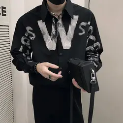 American Men's 2024 Autumn New Spliced Square Collar Button Printed Letters Fashion Loose Minimalist Casual Long Sleeve Shirts