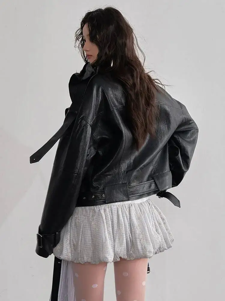 Vintage Ruffles Black Big Size PU Leather Jacket New Stand Collar Long Sleeve Women Coat Fashion Spring Autumn 2026 SUKA