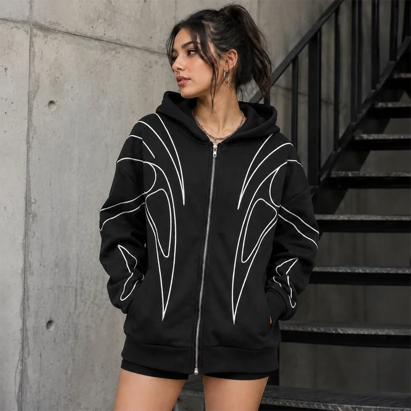 Women Graphic Zip Up Hoodie Oversized Hooded Sweatshirt Line Print Long Sleeve Casual Streetwear Autumn Jacket 2026 Hot New Plus