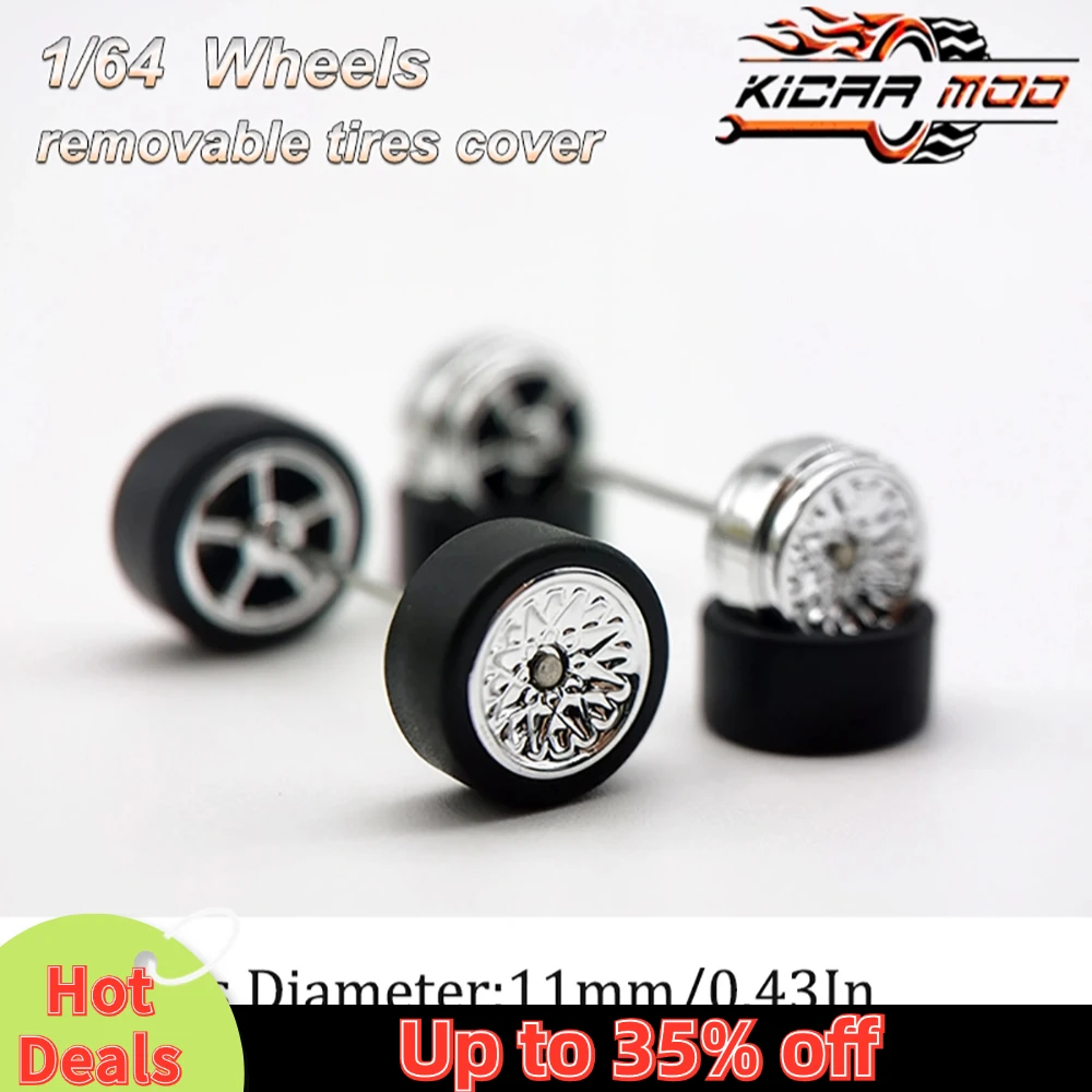 1/64 RLC Premium Wheels with Rubber Slick Tires for Hot Wheels Petal Spokes 2 Model Car Refitting Parts D:11mm (1 Set)