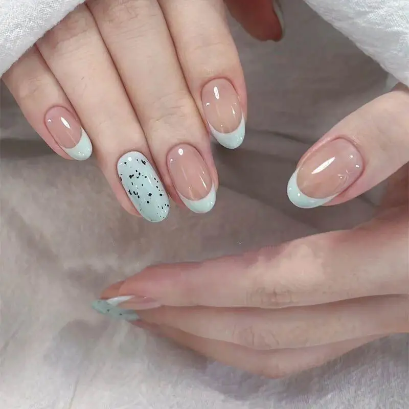 

Освежающие мятные французские короткие овальные ногти ручной работы, дизайн из яичной скорлупы, накладные ногти, носимый маникюр для женщин и девочек