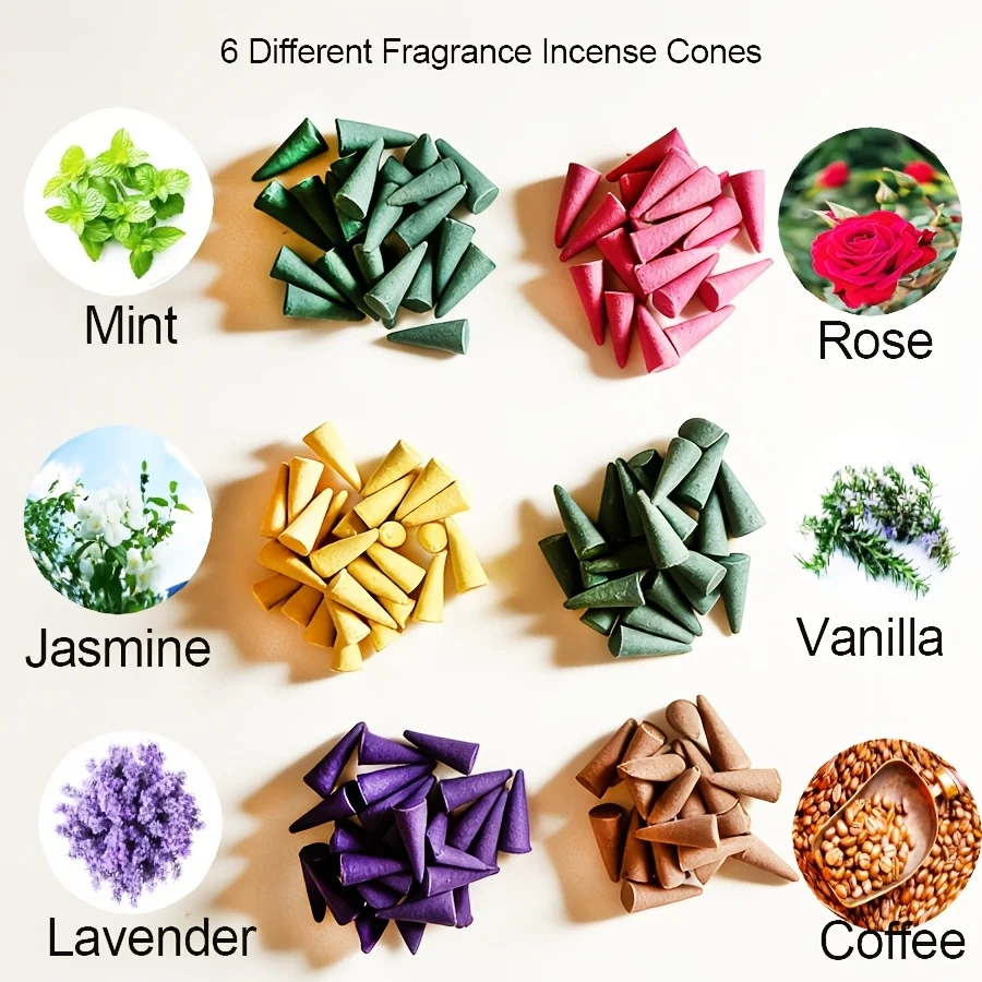 200G/Approx. 222Pcs Jingyu Liuyun Tower Incense Cones, Lavender/Coffee/Red Rose/Vanilla/Mint/Jasmine/Mixed Tower Incense, Suitable for Meditation, Yoga, Tea Ceremony, Office Relaxation, and as a Great Gift