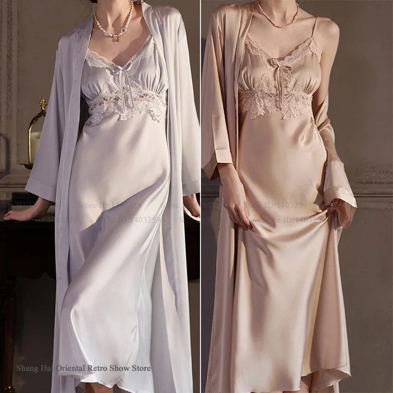 

Элегантный женский комплект: длинный халат и ночная сорочка, сексуальное кружевное белье с вырезами, ночная сорочка на бретельках, летняя новинка, шелковая пижама, домашняя одежда