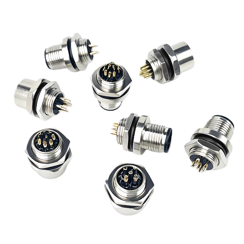 M12 A Code Sensor Connector 4 5 8 12Pin Male Female Waterproof Panel Back Mount Threaded Flange Socket for Industrial Automation