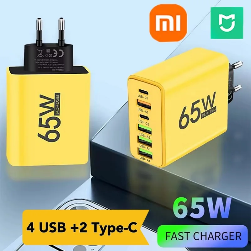 Xiaomi Mijia 65W 6-portowa ładowarka USB typu C Szybkie ładowanie QC3.0 do iPhone Samsung Wtyczka UE/USA Turbo Kabel do ładowania