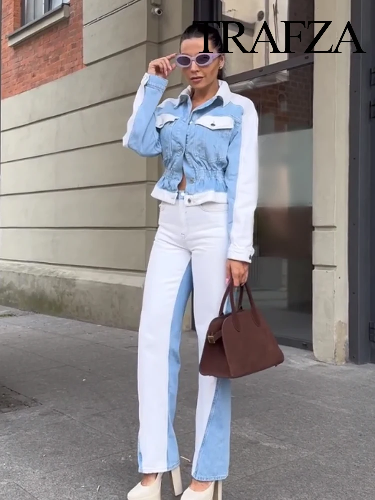 

TRAFZA Women Fashion Pants Suit Denim Splicing Design Lapel Single-Breasted Pockets Pleated Jacket+Zipper Straight Long Jeans