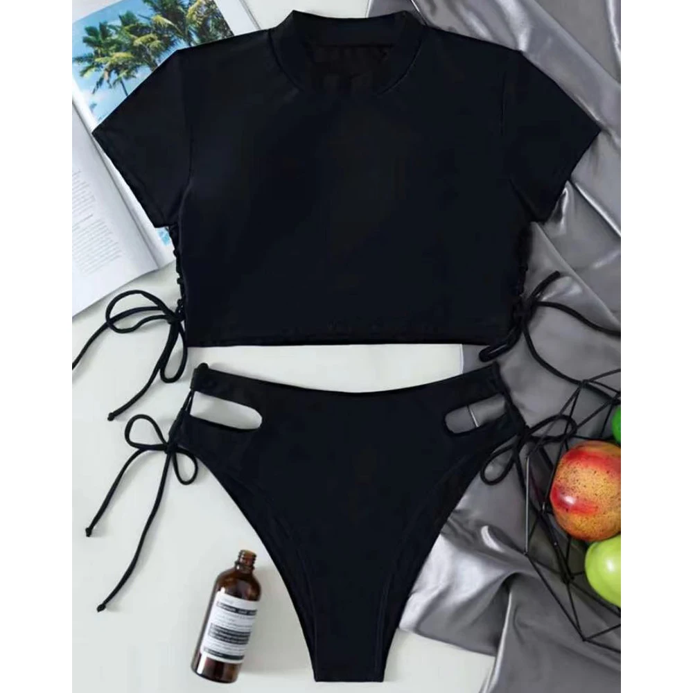 VigoBreviya 2024 Solid Short Sleeve Swimwear Women Sexy High Cut Tied Hollow Bikini Push Up Swimsuit Summer Beach Bathing Suit