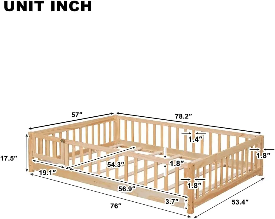 Lit complet pour enfants, cadre de lit en bois robuste Montessori avec lamelles en bois, clôture et porte, lit de sol Montessori pour filles et enfants