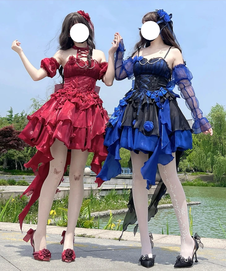 Red Camellia Dress Cos Red Lolita Neck Hanging Dress Flower Wedding Dress Cos Princess Dress Little Devil Skirt Cosplay Dress