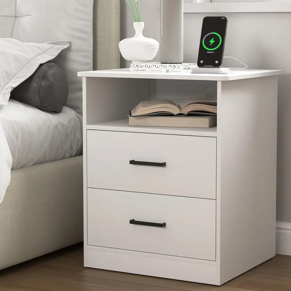

Night Stand with Charger Station, Modern Nightstand with USB Type-C Ports and AC Outlets, Large Bedside Table with 2 Drawers and