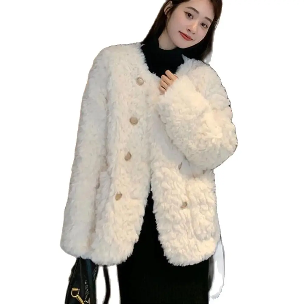 Korean Style Lamb Wool Jackets Women 2024 New All-Match Loose Furry Coat Ladies Fashion Streetwear Pockets Plush Outerwear