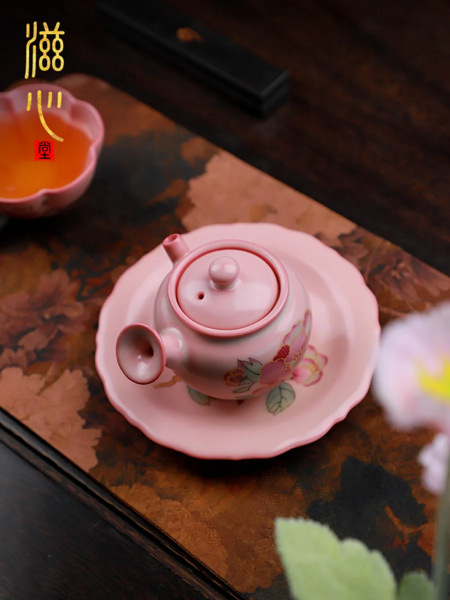 High-End Celadon Hand Painted Hibiscus Side Handle Pot Handmade Tray Personal Dedicated Tea Set Ceramic Gift Cup