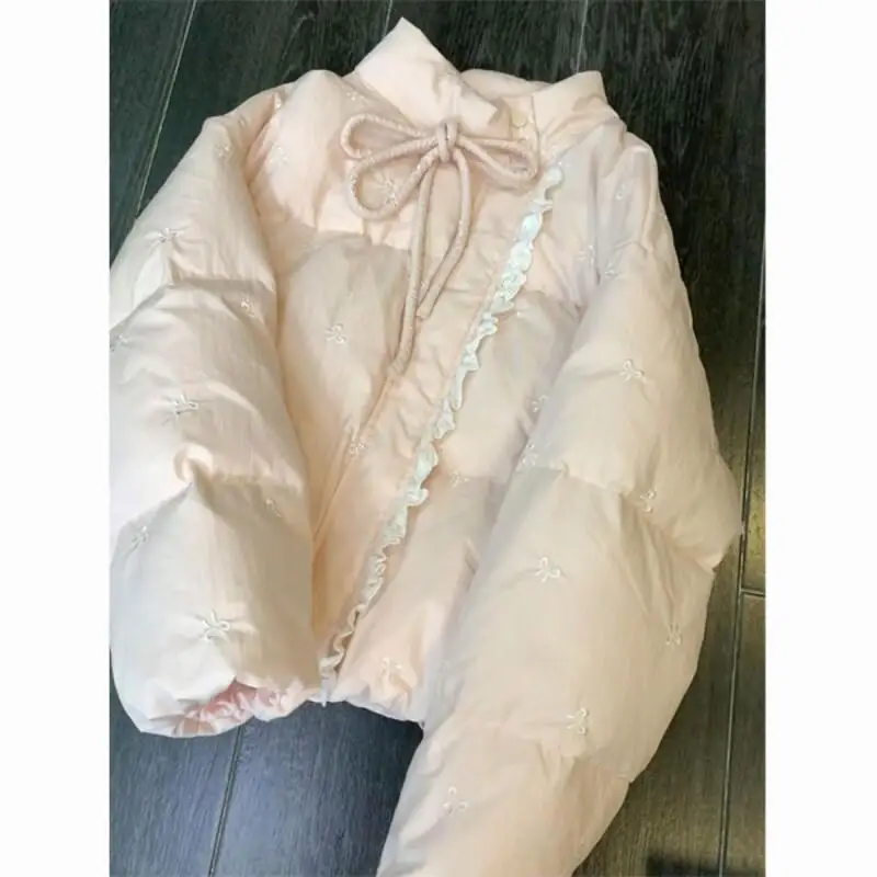 Damenmantel, Winter- und Herbstjacke, Oberbekleidung, warm, mit Fleece gefüttert, rosa, schlicht, für Pendler, kurze Schleife, Stickerei, Puffermantel