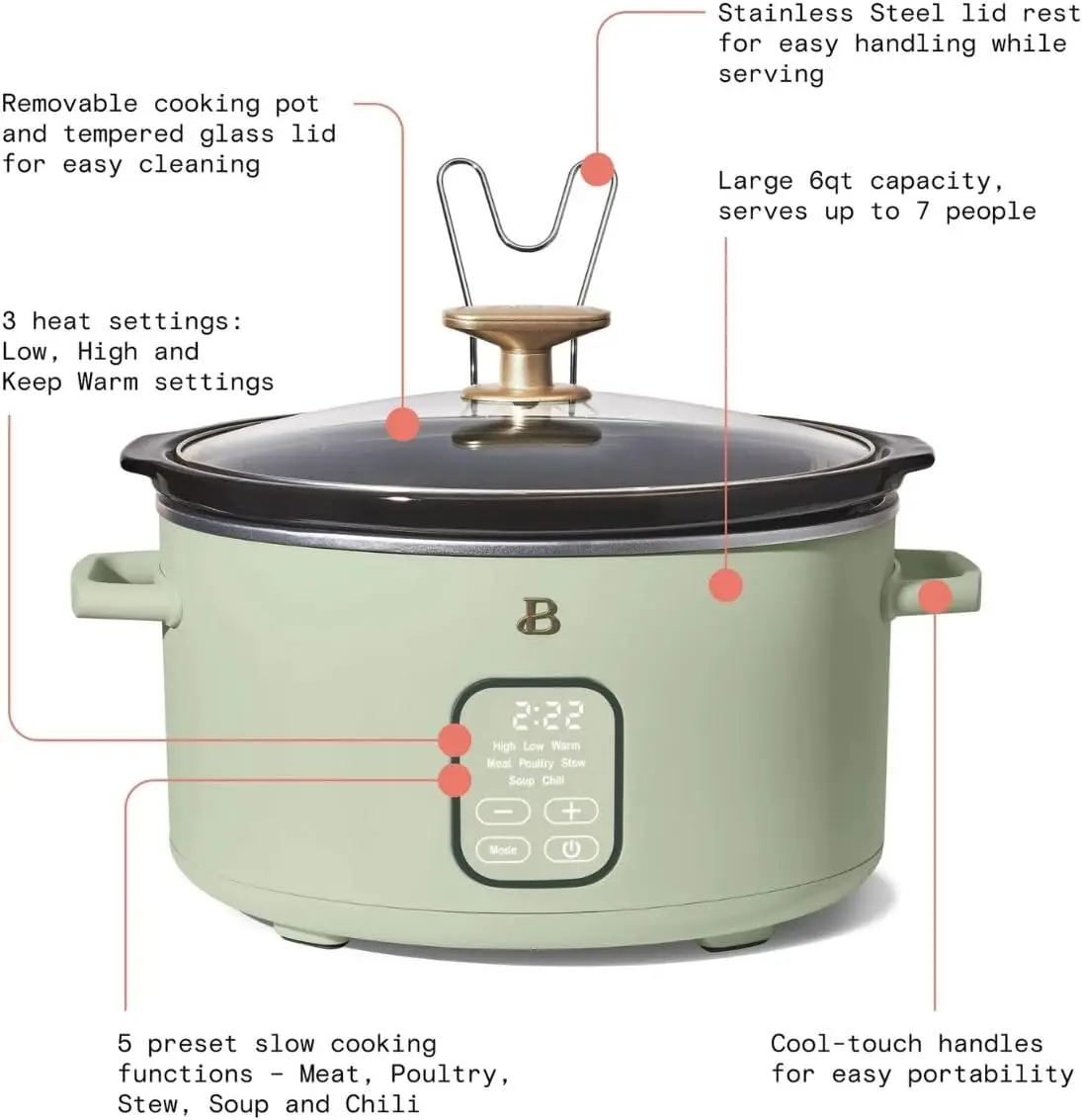 Beautiful 6 Qt Programmable Slow Cooker - Effortless Meals, Stunning Design (Sage Green)