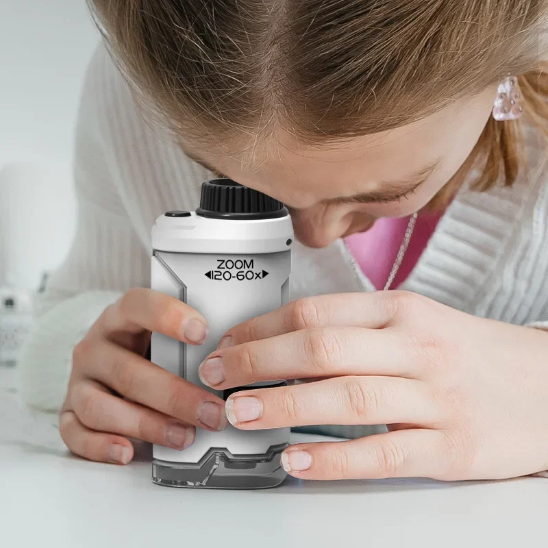 Kit de microscopio de bolsillo para niños, Mini microscopio de mano educativo con luz, 60-120x, experimento de ciencia, juguetes para niños, regalo