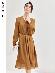 SENTUBILA Women's Elegant Belted Midi Dress 2024 Spring Fashion Lady V-Neck Long Sleeve A-Line Flowing Chiffon Dresses 133L51754