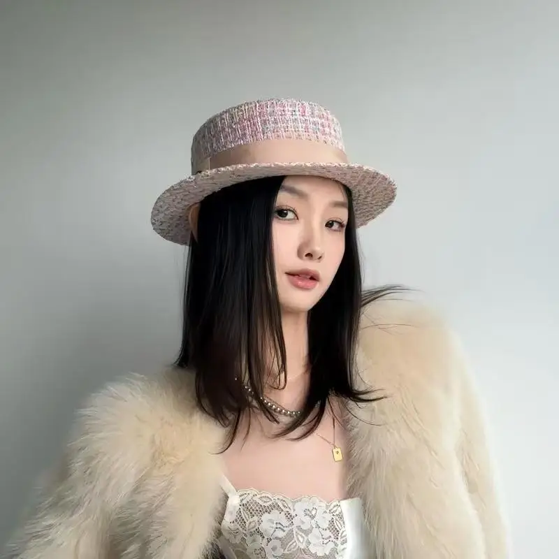 

Europe and America xiao xiang style flat top color jacquard hat pink tweed top hat women's autumn and winter fashion hats
