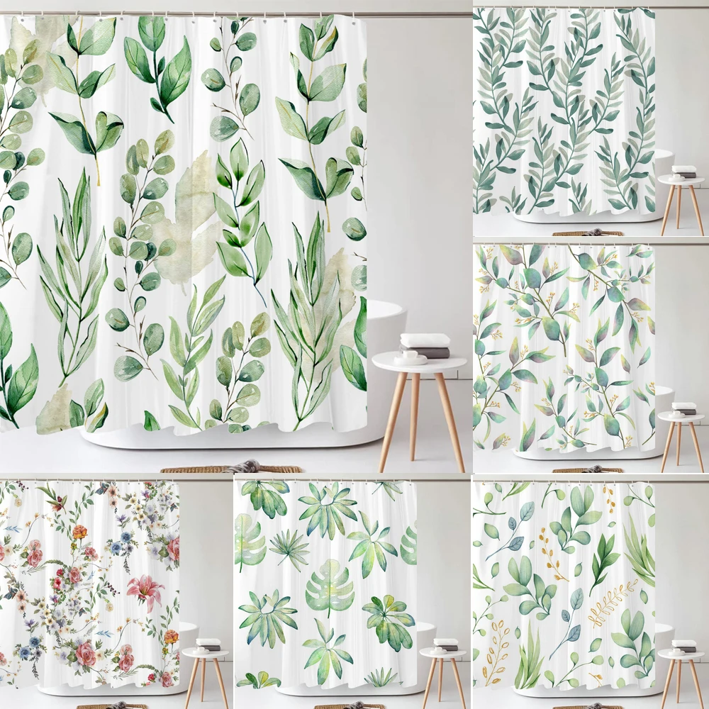

Green Plant Leaf Flower Shower Curtain, Modern Nordic Minimalist Shower Curtain Polyester Fabric Bath Curtain for Bathroom Decor