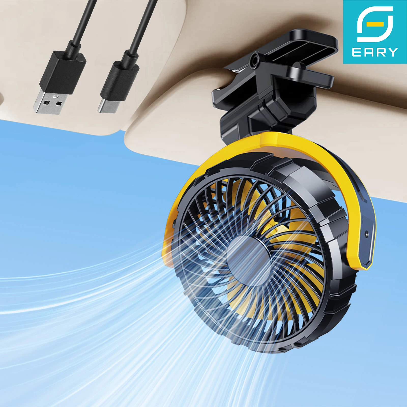 

Eary Portable Car Clip on Fan 2000mAh Battery Powerful 3 Speed Quiet 900°Rotate USB Rechargeable Mini Cooler Fan Car Electronic