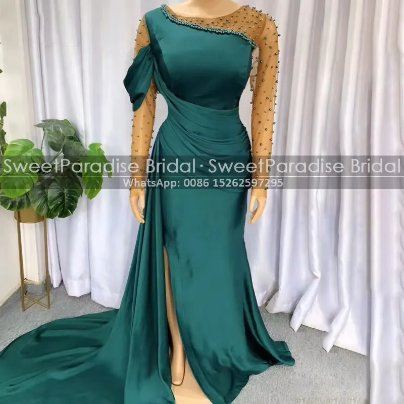  Mermaid Mother of the Bride Dresses Beaded Long Sleeves Side Slit Waistline Cap Emerald Green Trumpet Evening Dress