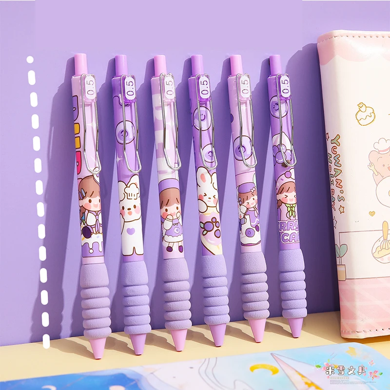 6 Pieces purple girl Press Pen 0.5mm Black Gel Pen office accessories stationery supplies kawaii school supplies cute rabbit pen