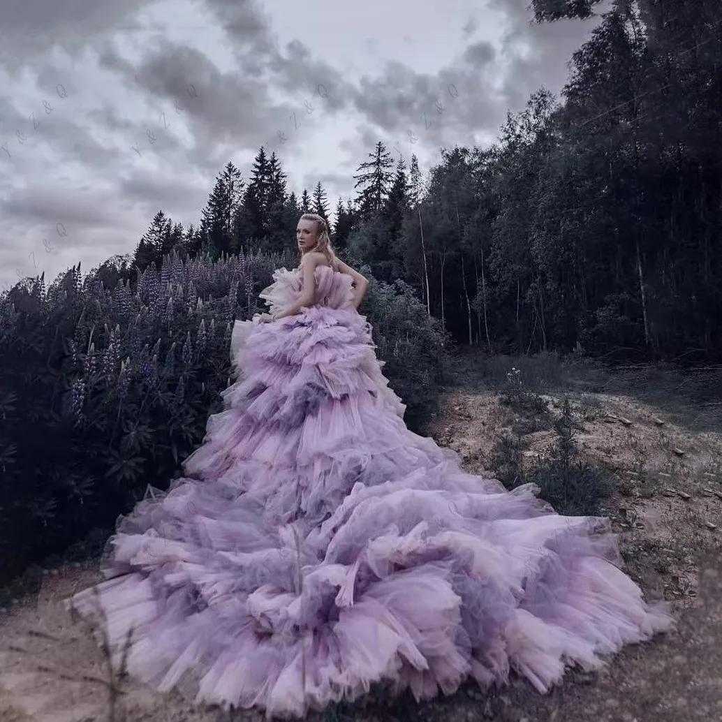 Fotografie Prinses Galajurken Op maat gemaakte gelaagde lila feestjurk Off-shoulder strapless galajurken A-lijn gelaagd