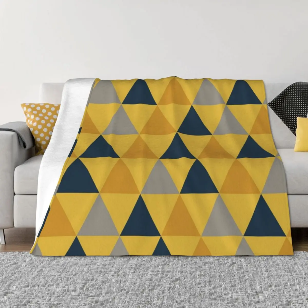 

Triangular: Dark Mustard Yellow, Light Mustard Yellow, Navy Blue, and Grey Minimalist Geometric Pattern Throw Blanket