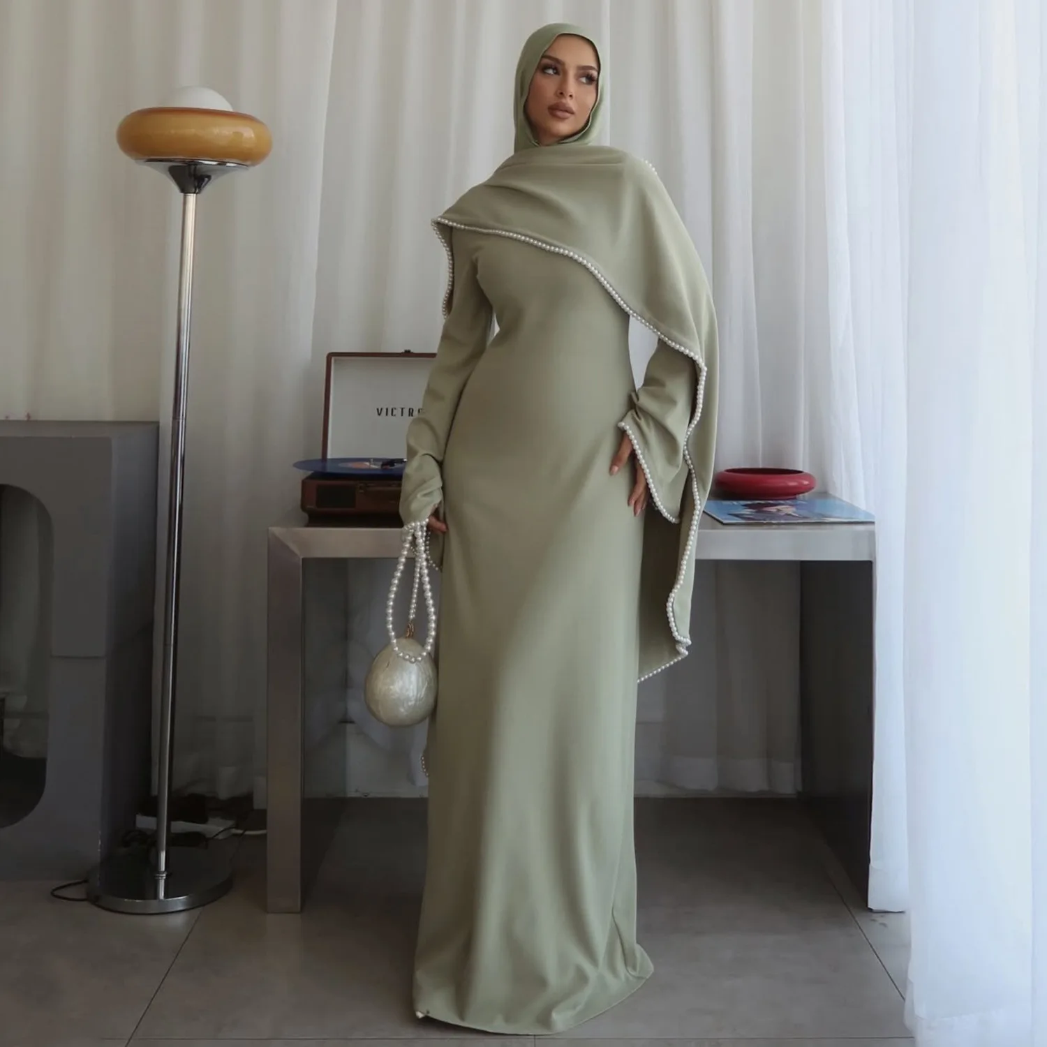 

Eid Muslim Pearl Beaded Shawl Dress Women Abaya Jilbab Kebaya Kaftan Robe Zip Hijab Dresses Ramadan Abayas Islam Clothing Niqab