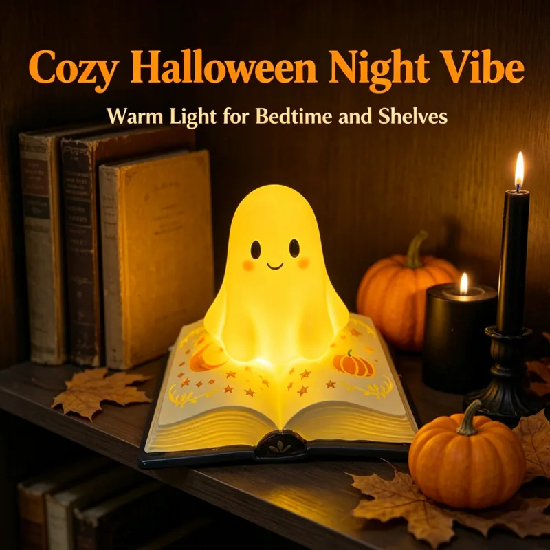 Halloween Spooky Season Cute Ghost Night Light Mini Resin Magic Book LED Lamp for Home Party Bedroom Decoration Holiday Gift