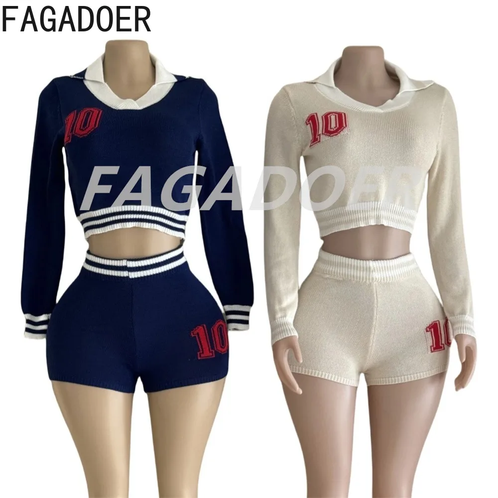 FAGADOER Knit 2 Piece Sets Women Outfit Preppy Style Lapel Stripe Patchwork Sweater and Shorts Quality Stretchy Set Autumn New