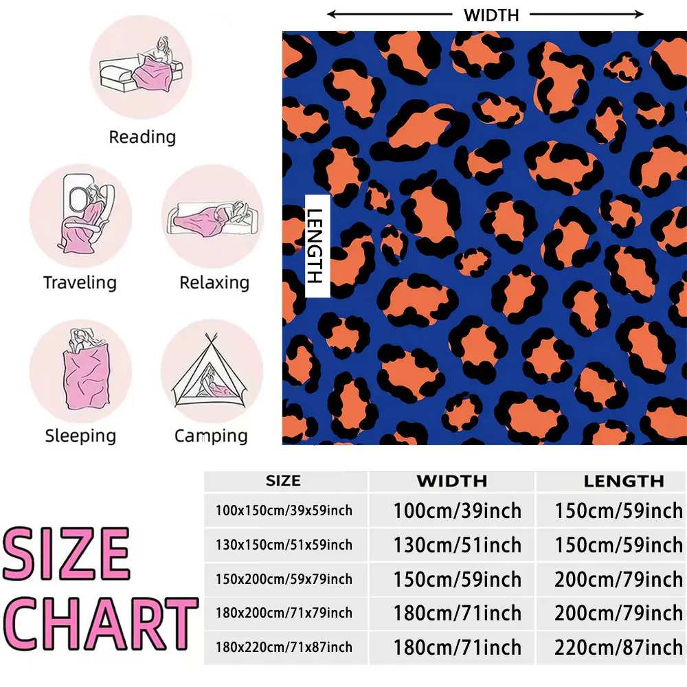 1pc Blue Base Orange Black Leopard Print Flannel Blanket Soft Warm Sofa Nap Throw Blanket For Bedroom Living Room Home Decora
